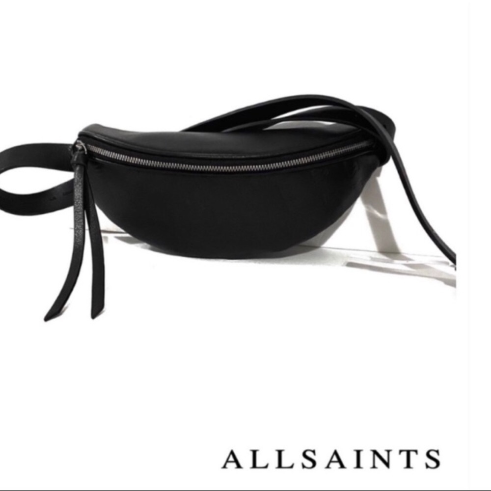 All saints black leather logo belt bag